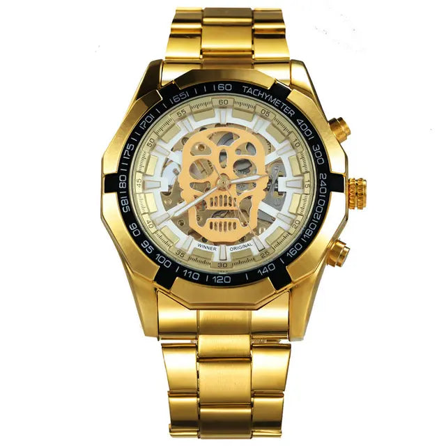 Reloj mecánico para hombre con calavera y correa de acero inoxidable dorada, reloj esqueleto para hombre 