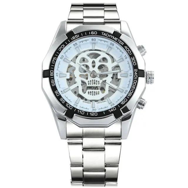 Reloj mecánico para hombre con calavera y correa de acero inoxidable dorada, reloj esqueleto para hombre 