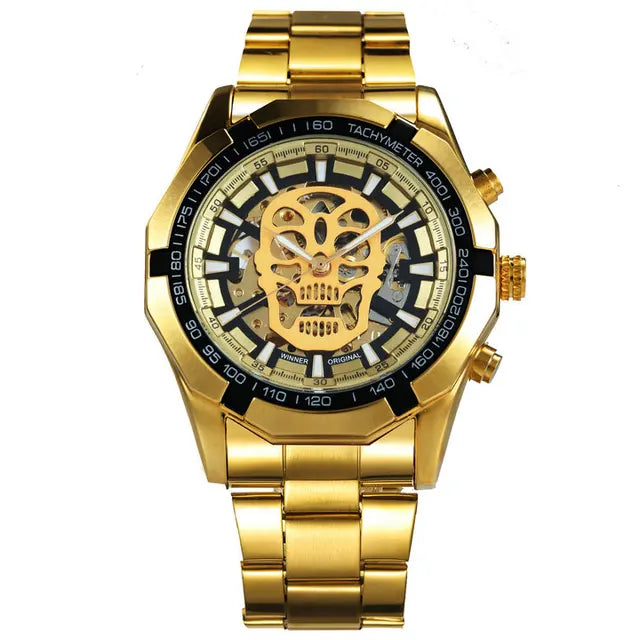 Reloj mecánico para hombre con calavera y correa de acero inoxidable dorada, reloj esqueleto para hombre 