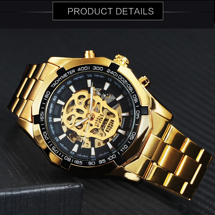 Reloj mecánico para hombre con calavera y correa de acero inoxidable dorada, reloj esqueleto para hombre 