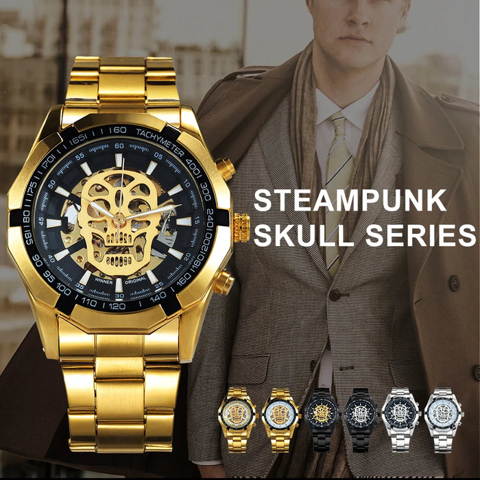 Mechanical Watch Men Skull Golden Stainless Steel Strap Skeleton Man Watch