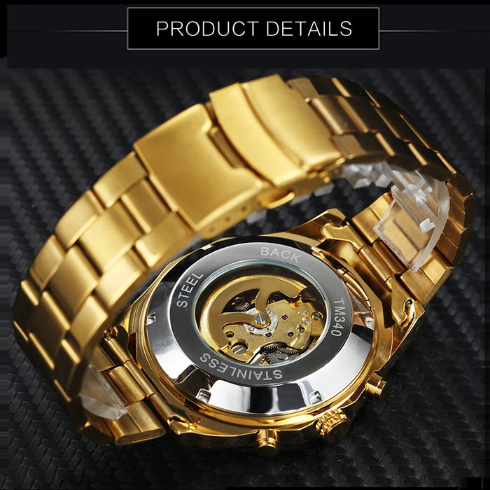 Reloj mecánico para hombre con calavera y correa de acero inoxidable dorada, reloj esqueleto para hombre 