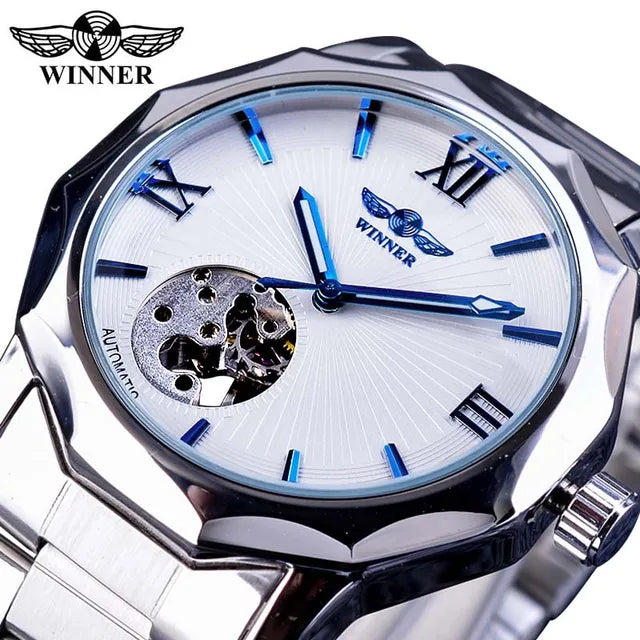 Winner-reloj mecánico automático para hombre, esfera con mecanismo a la vista, diseño geométrico, Océano Azul, marca superior, reloj mecánico automático de lujo 