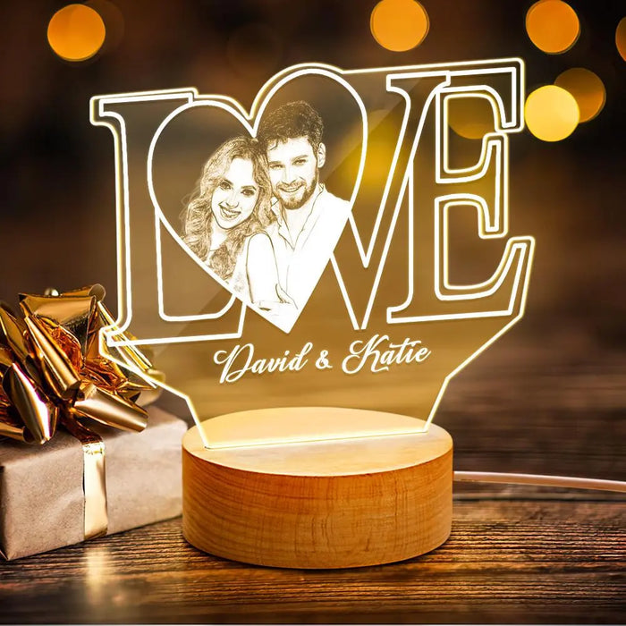 Luz nocturna acrílica 3D LOVE personalizada con texto y foto